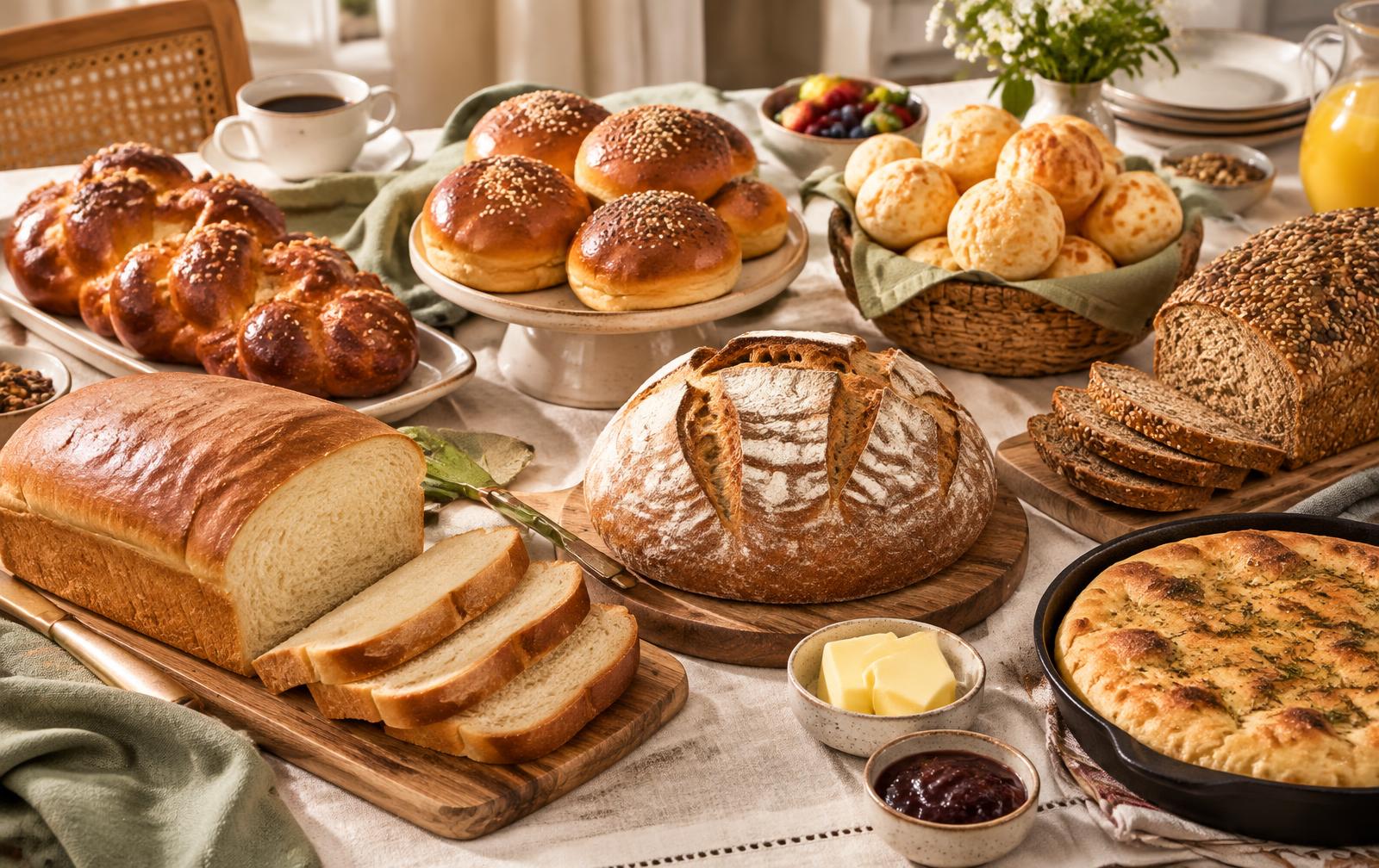 Mesa de café da manhã com variedade de pães sem glúten
